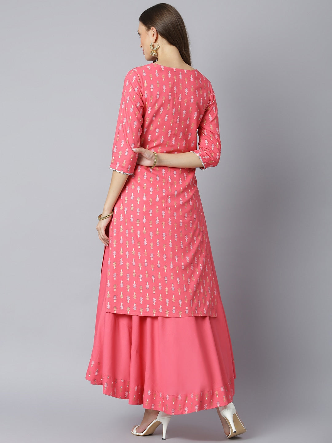 Khushal K Women Pink & White Printed Kurta with Solid Flared Maxi Skirt - Distacart