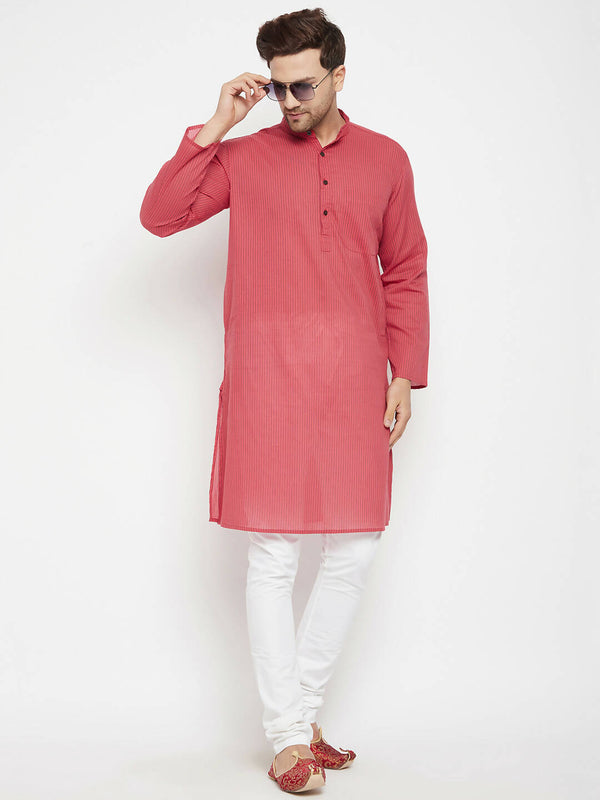 Even Apparels Rust Pure Cotton Long Men's Kurta With Band Collar - Distacart