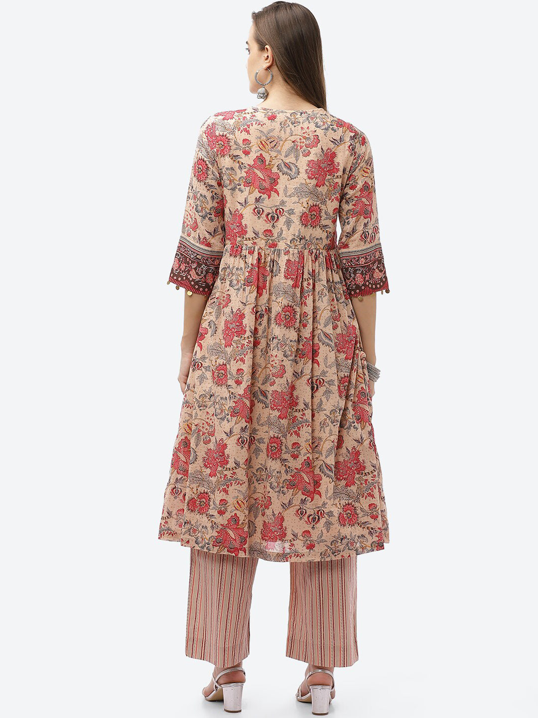 Biba Women Plus Size Beige Floral Printed A-line Kurta with Palazzos - Distacart