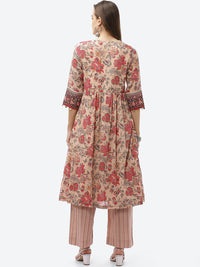 Thumbnail for Biba Women Plus Size Beige Floral Printed A-line Kurta with Palazzos - Distacart