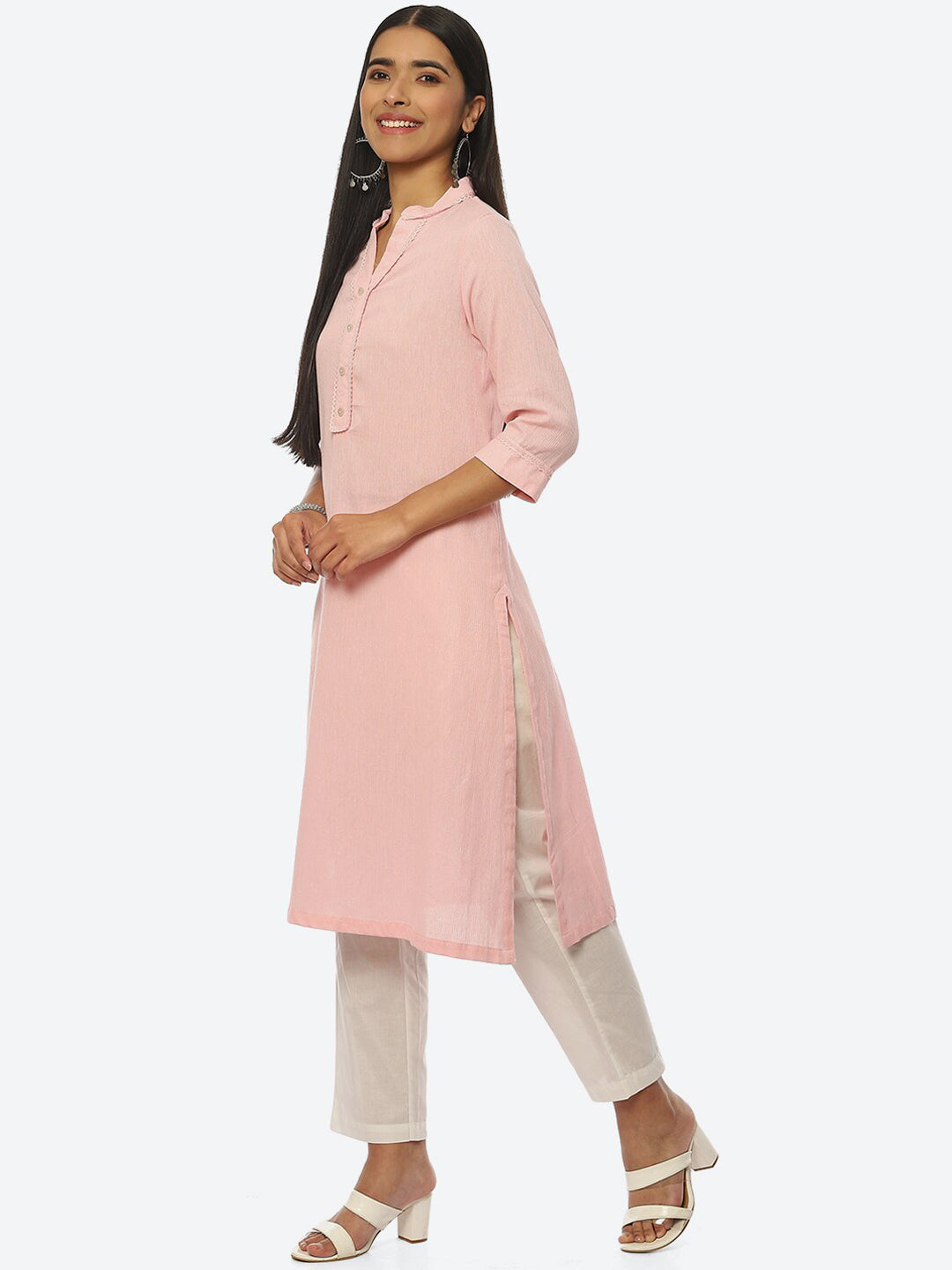 Biba Women Plus Size Pure Cotton Striped Mandarin Collar Kurta - Distacart