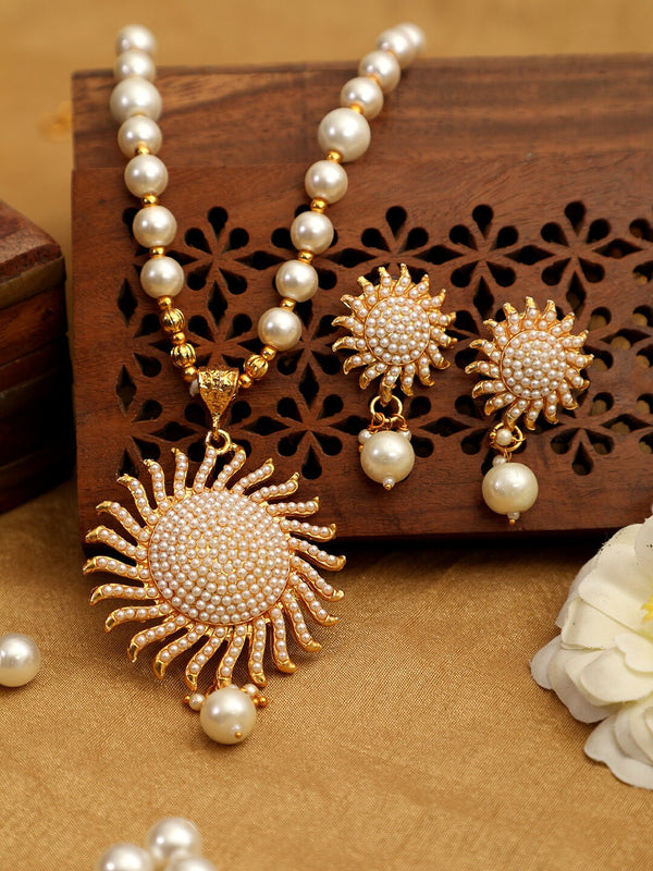 Gold-Plated Alloy Pearl Sun Shape Pendant Set - The Pari - Distacart