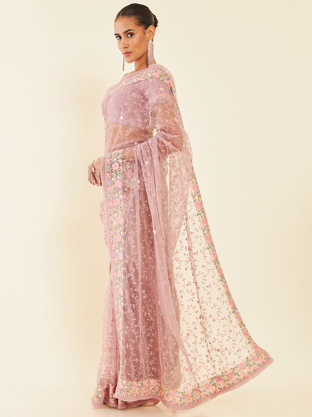 Soch Purple & Blue Floral Embroidered Net Saree - Distacart