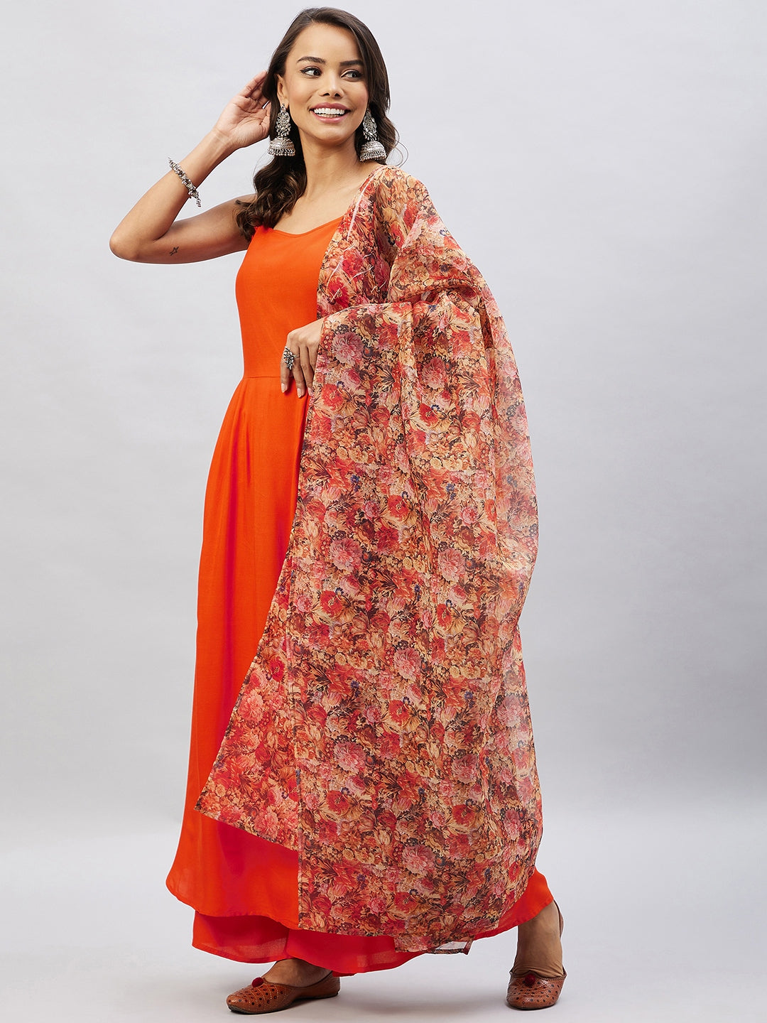 InWeave Women's Orange Strappy Set With Beige Orange Floral Organza Dupatta - Distacart