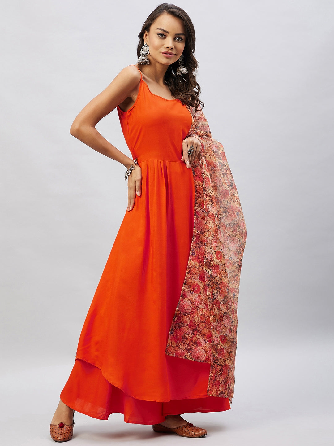 InWeave Women's Orange Strappy Set With Beige Orange Floral Organza Dupatta - Distacart