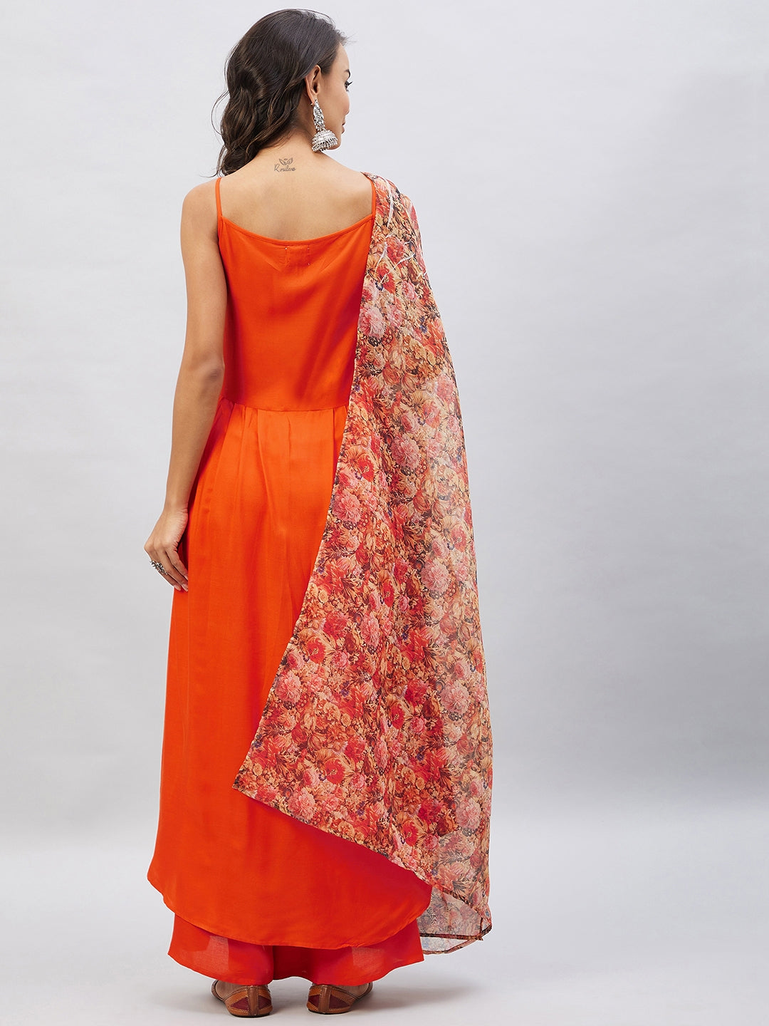 InWeave Women's Orange Strappy Set With Beige Orange Floral Organza Dupatta - Distacart