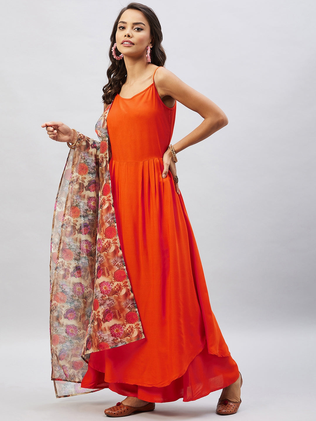 InWeave Women's Orange Strappy Set With Camel Brown Floral Organza Dupatta - Distacart
