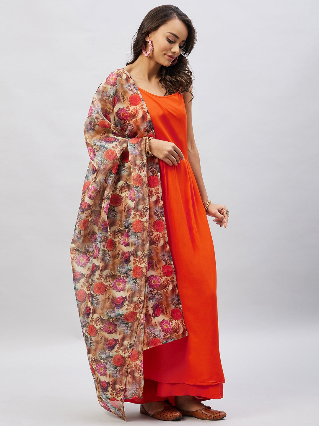 InWeave Women's Orange Strappy Set With Camel Brown Floral Organza Dupatta - Distacart