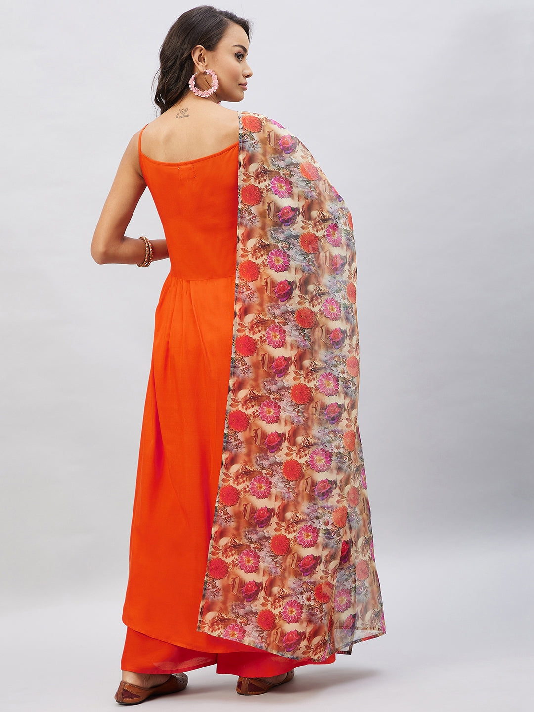 InWeave Women's Orange Strappy Set With Camel Brown Floral Organza Dupatta - Distacart
