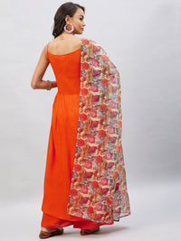 Thumbnail for InWeave Women's Orange Strappy Set With Camel Brown Floral Organza Dupatta - Distacart