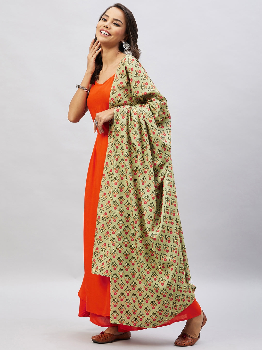 InWeave Women's Orange Strappy Set With Light Green Orange Print Dupatta - Distacart