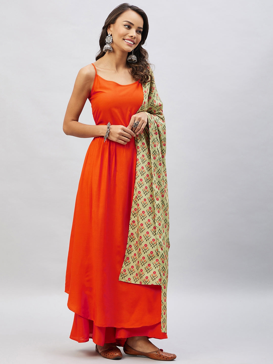 InWeave Women's Orange Strappy Set With Light Green Orange Print Dupatta - Distacart