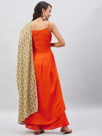 Thumbnail for InWeave Women's Orange Strappy Set With Light Green Orange Print Dupatta - Distacart