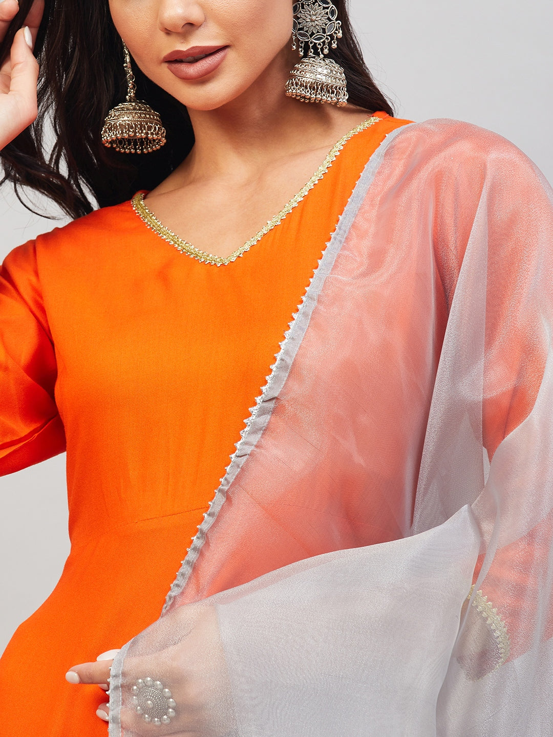 InWeave Women's Orange Gota Long Kurta Set W Grey Gota Or Dupatta - Distacart