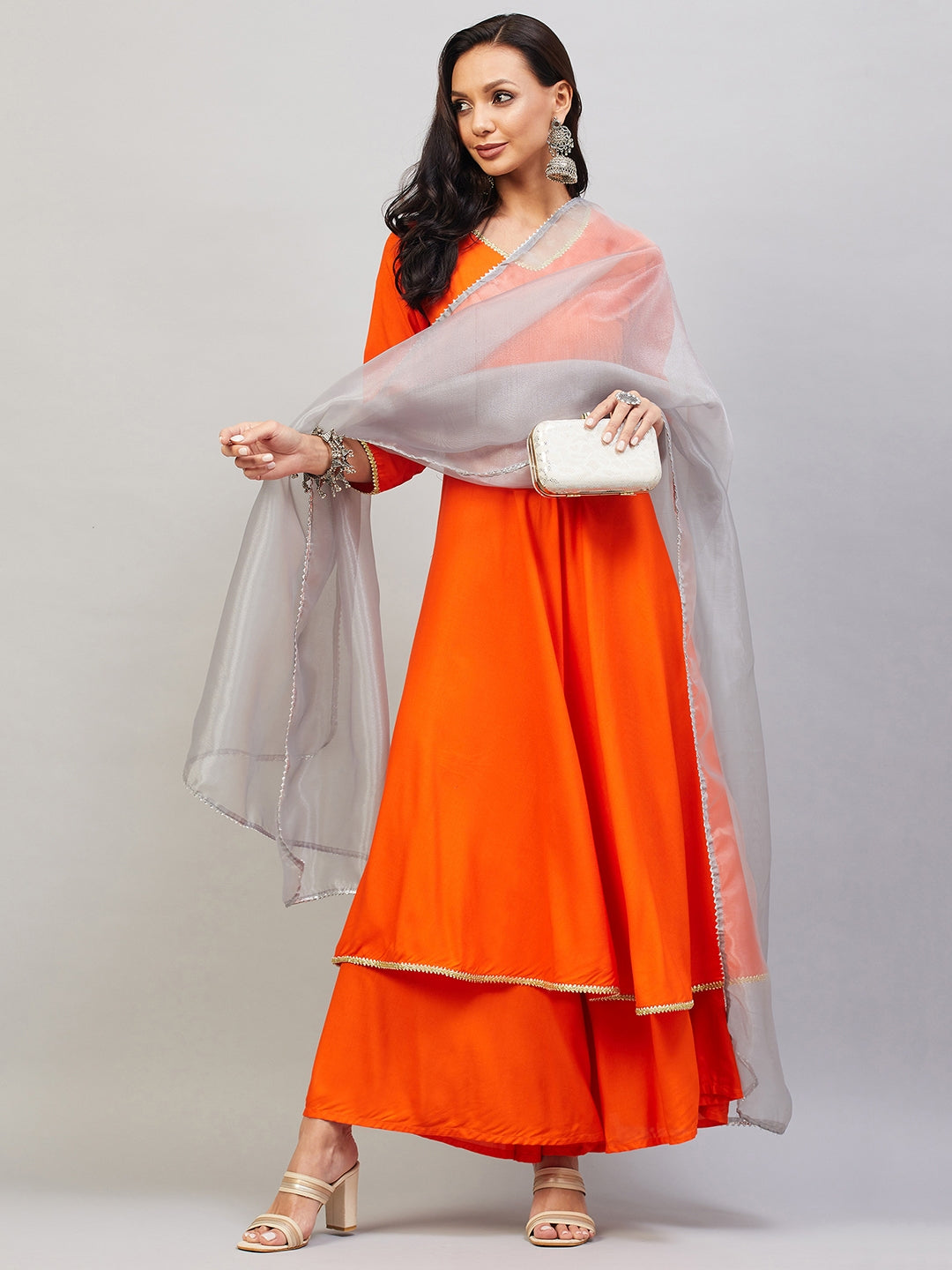 InWeave Women's Orange Gota Long Kurta Set W Grey Gota Or Dupatta - Distacart