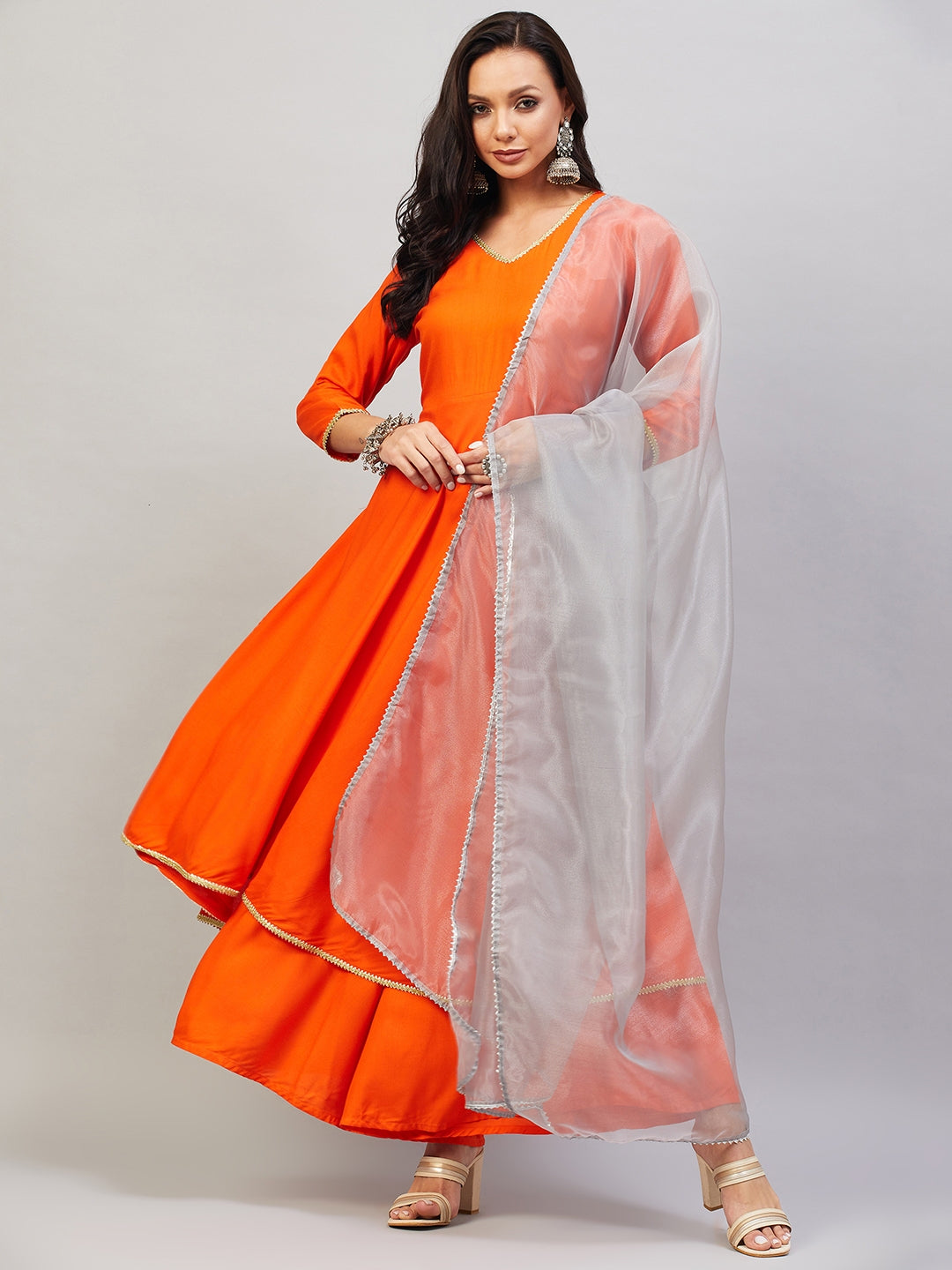 InWeave Women's Orange Gota Long Kurta Set W Grey Gota Or Dupatta - Distacart