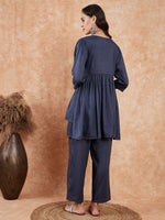 Thumbnail for InWeave Women's Dark Teal Lurex High Low Angrakha Tie Up Kurta Set - Distacart