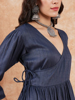Thumbnail for InWeave Women's Dark Teal Lurex High Low Angrakha Tie Up Kurta Set - Distacart