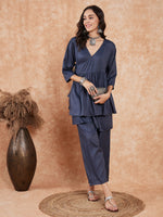 Thumbnail for InWeave Women's Dark Teal Lurex High Low Angrakha Tie Up Kurta Set - Distacart