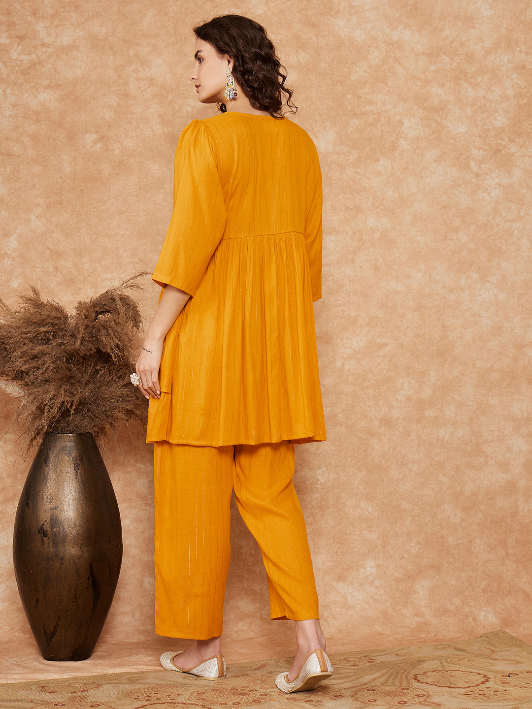 InWeave Women's Mustrad Lurex High Low Angrakha Tie Up Kurta Set - Distacart