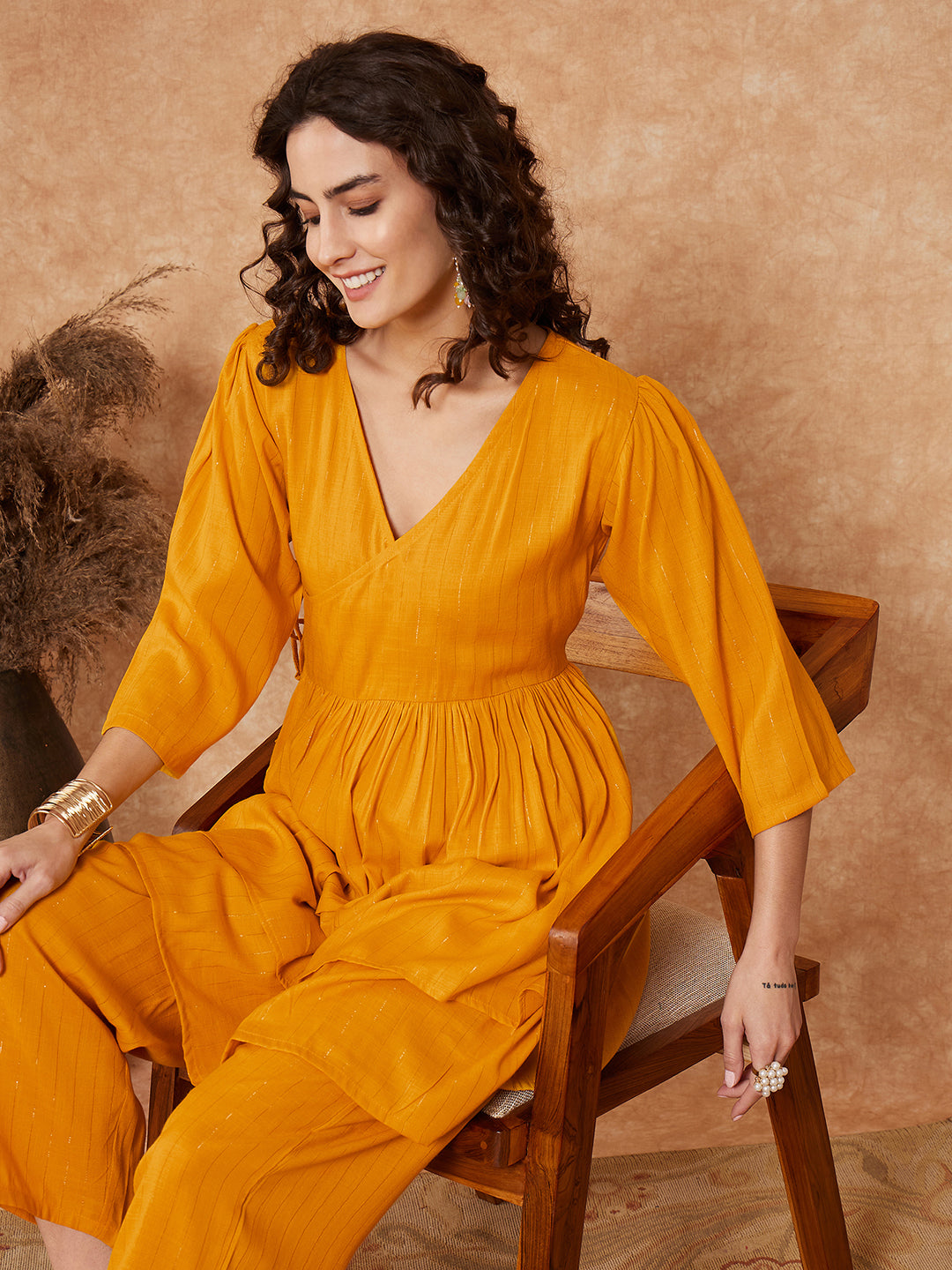 InWeave Women's Mustrad Lurex High Low Angrakha Tie Up Kurta Set - Distacart
