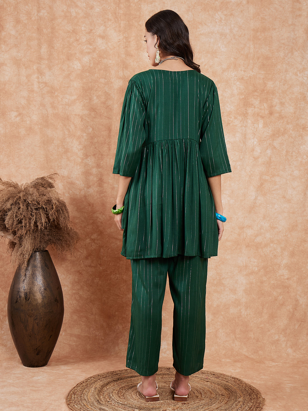 InWeave Women's Pine Green Lurex High Low Angrakha Tie Up Kurta Set - Distacart