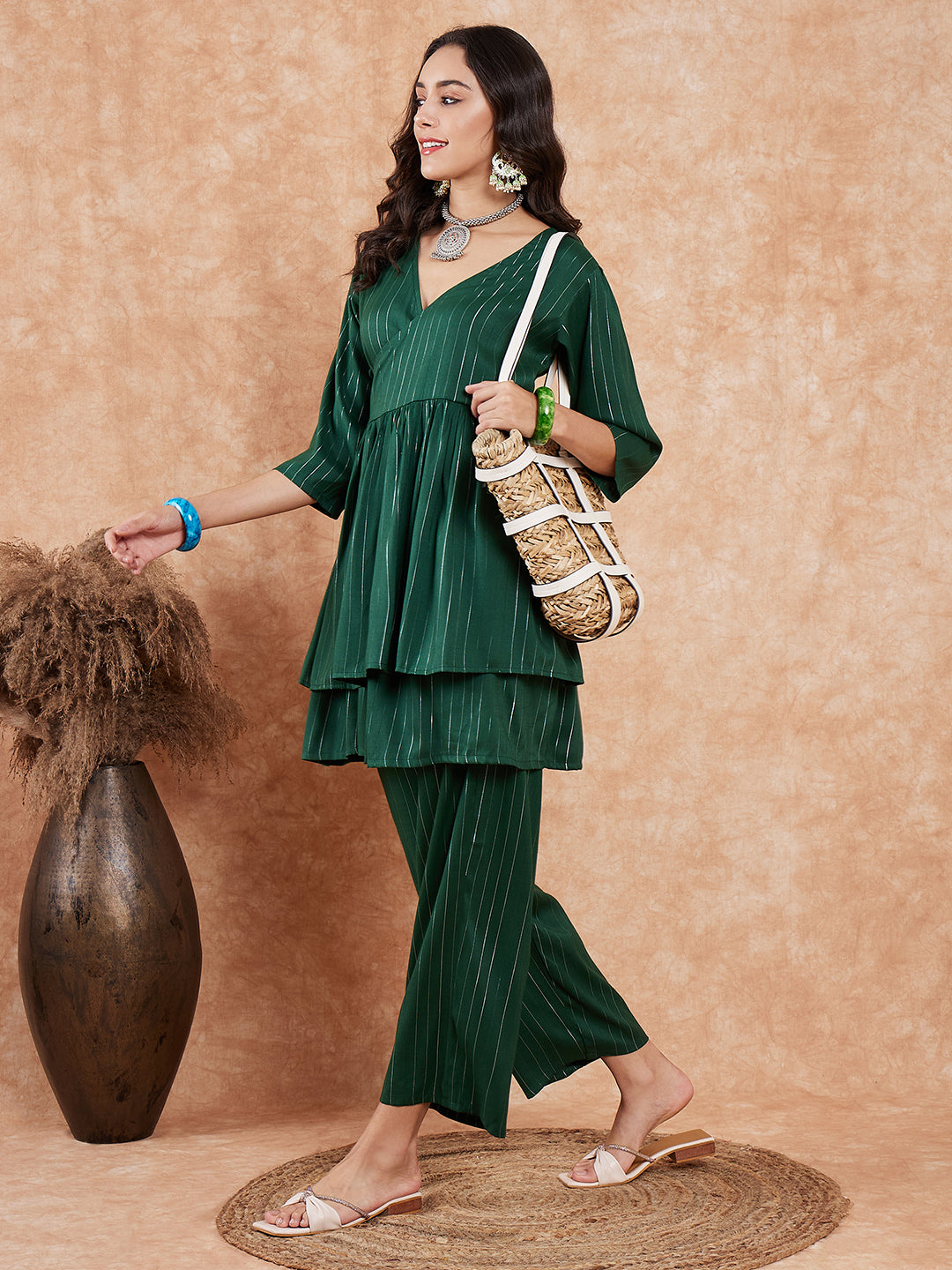 InWeave Women's Pine Green Lurex High Low Angrakha Tie Up Kurta Set - Distacart