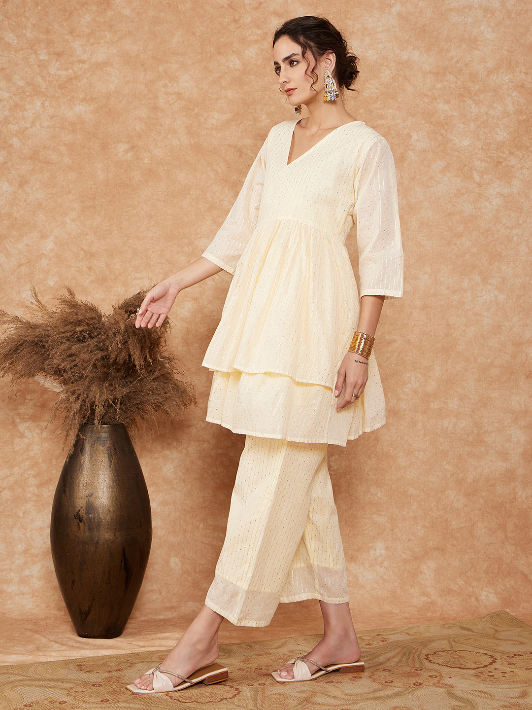 InWeave Women's White Gold Lurex High Low Angrakha Tie Up Kurta Set - Distacart