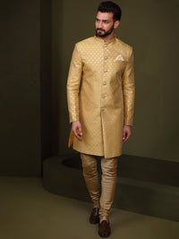 Thumbnail for KISAH Woven Design Mandarin Collar Sherwani Set - Distacart
