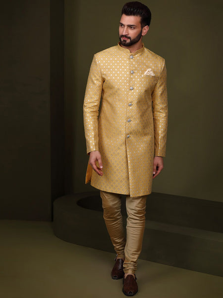 KISAH Woven Design Mandarin Collar Sherwani Set - Distacart