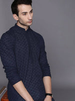 Thumbnail for Manyavar Men Navy Blue Embroidered Regular Thread Work Kurta with Pyjamas - Distacart