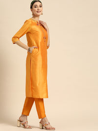 Thumbnail for Sangria Women Orange Ethnic Motifs Embroidered Kurta with Trousers - Distacart