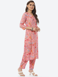 Thumbnail for Biba Women Pink Floral Printed Regular Kurta with Trousers - Distacart