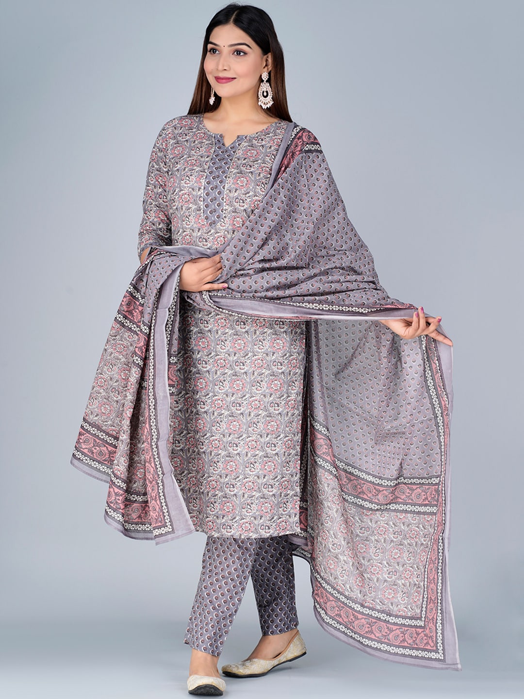 Kalini Notch Neck Floral Printed Pure Cotton Kurta with Trousers & Dupatta - Distacart