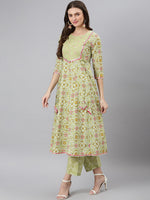 Thumbnail for Khushal K Women Green & Pink Printed Pure Cotton Kurta with Palazzos & Dupatta - Distacart