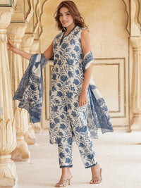 Thumbnail for Kalini Floral Printed V-Neck Pure Cotton Straight Kurta & Trousers With Dupatta - Distacart