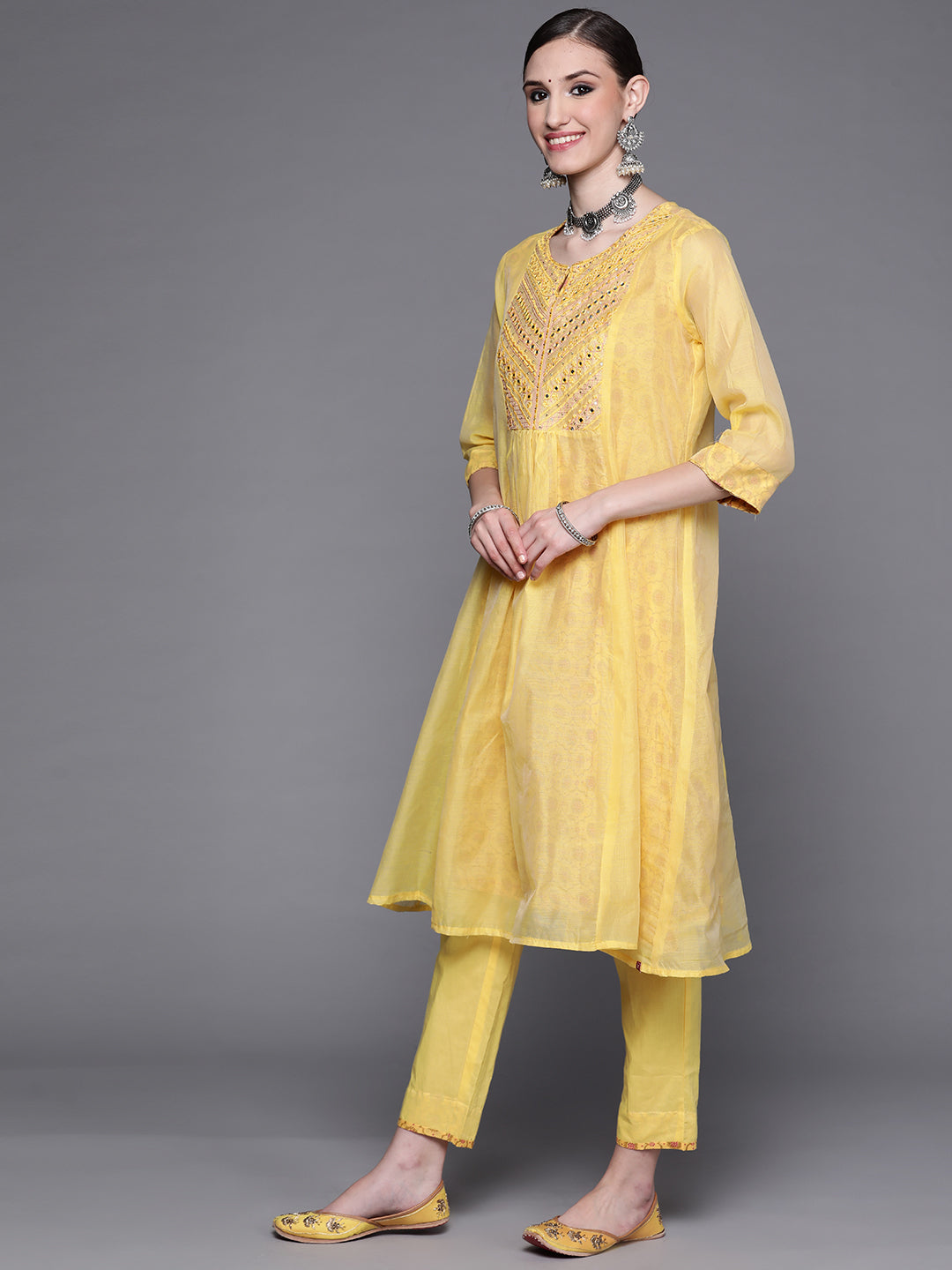 Biba Women Yellow Ethnic Motifs Yoke Design Mirror Work Kurta with Trousers & With Dupatta - Distacart