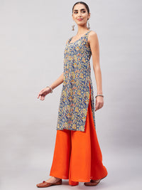 Thumbnail for InWeave Women's Blue Kalamkari Straight Kurta Palazzo Set - Distacart