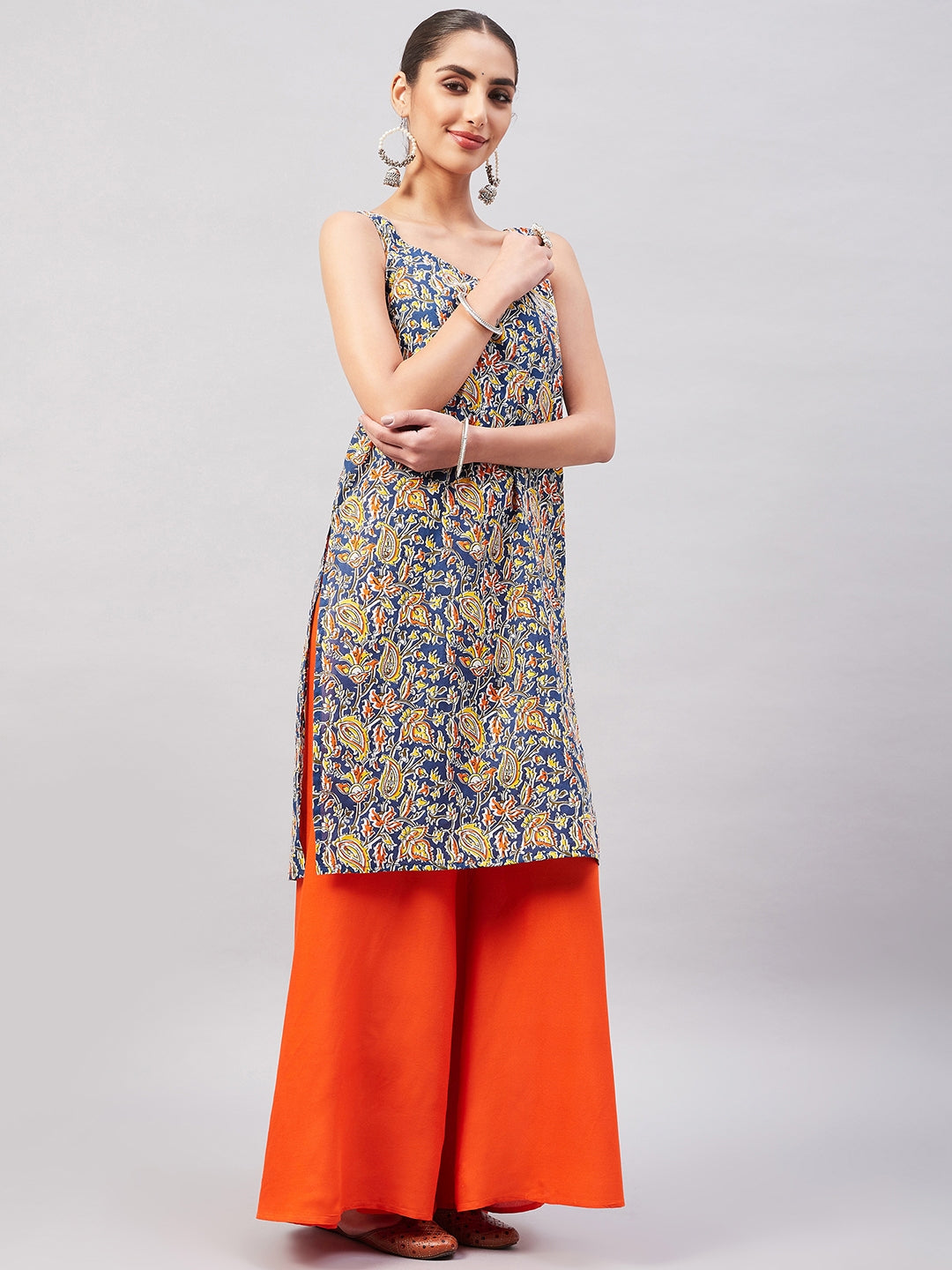 InWeave Women's Blue Kalamkari Straight Kurta Palazzo Set - Distacart