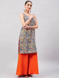 Thumbnail for InWeave Women's Blue Kalamkari Straight Kurta Palazzo Set - Distacart