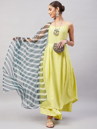 Thumbnail for InWeave Women's Summer Yellow R Strappy Kurta Set With Green Leh Dupatta - Distacart