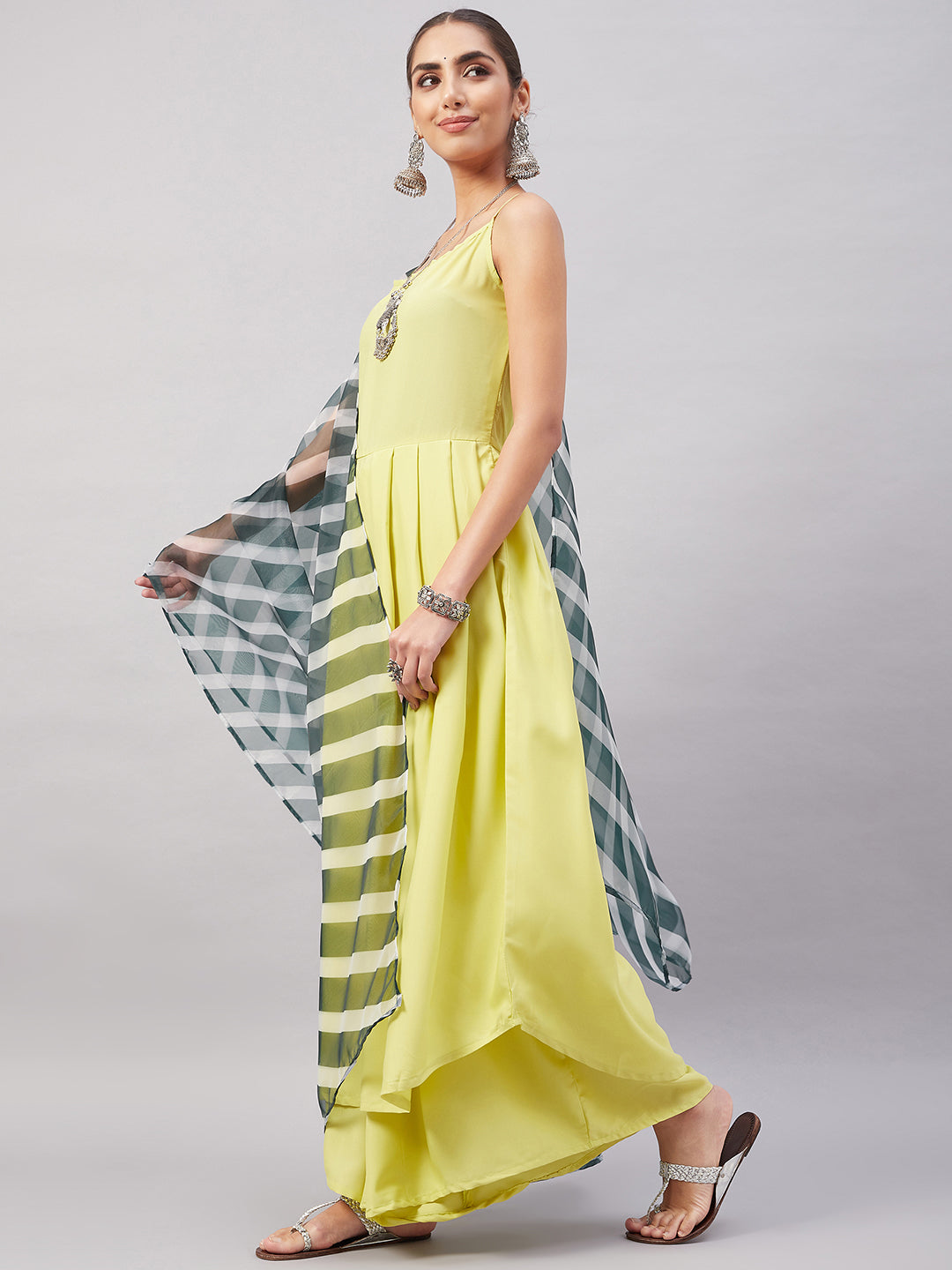 InWeave Women's Summer Yellow R Strappy Kurta Set With Green Leh Dupatta - Distacart