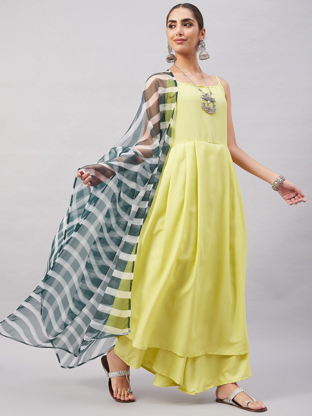 InWeave Women's Summer Yellow R Strappy Kurta Set With Green Leh Dupatta - Distacart