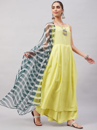 Thumbnail for InWeave Women's Summer Yellow R Strappy Kurta Set With Green Leh Dupatta - Distacart