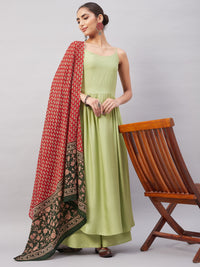 Thumbnail for InWeave Women's Light Green R Strappy Set W Green Red Print Cotton Dupatta - Distacart