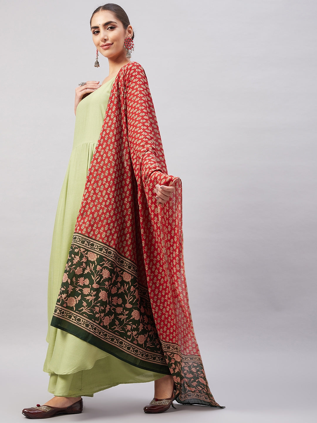 InWeave Women's Light Green R Strappy Set W Green Red Print Cotton Dupatta - Distacart