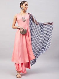 Thumbnail for InWeave Women's Light Pink Sleeveless Kurta Set W Navy Leh Organza Dupatta - Distacart