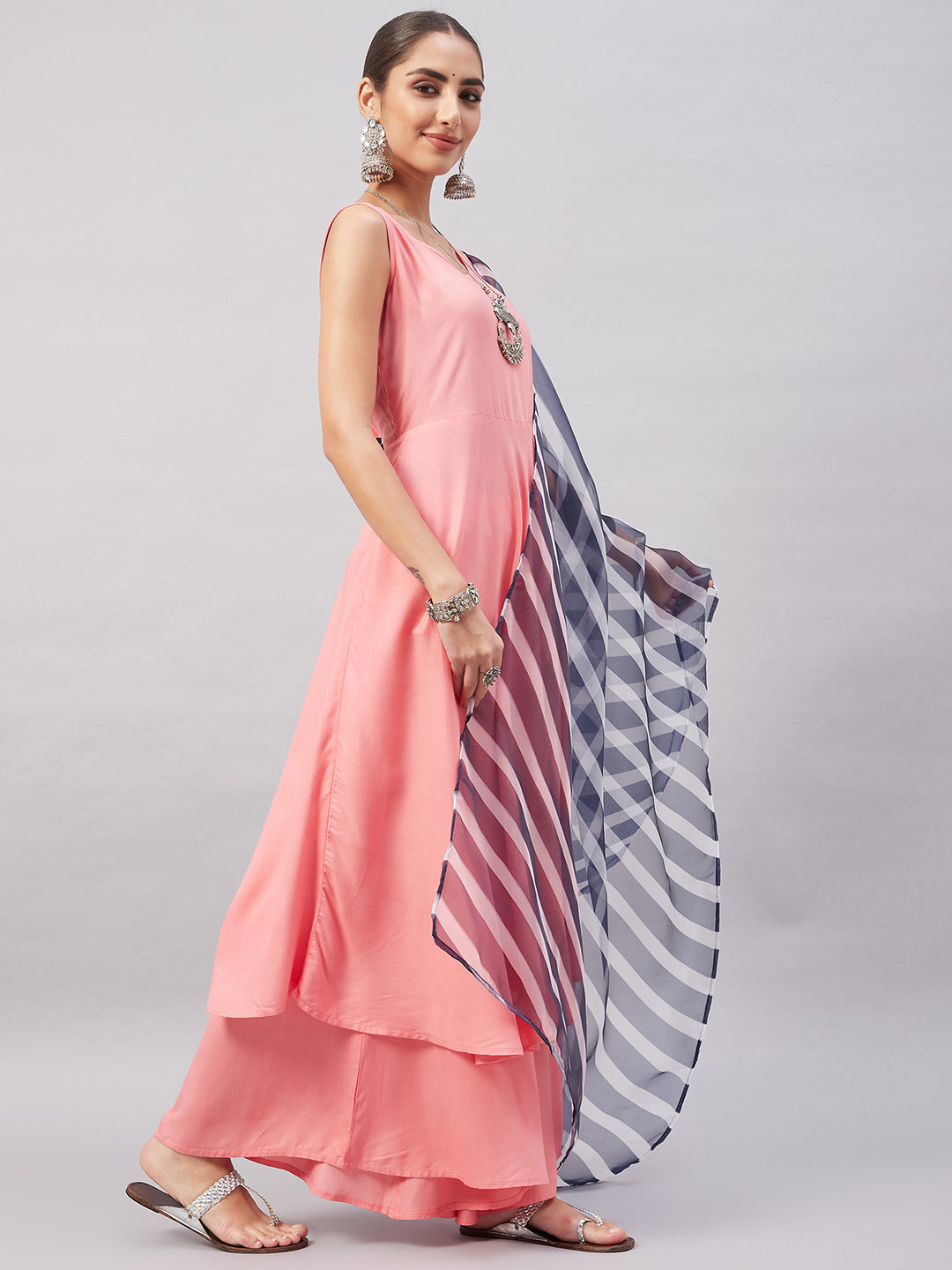 InWeave Women's Light Pink Sleeveless Kurta Set W Navy Leh Organza Dupatta - Distacart