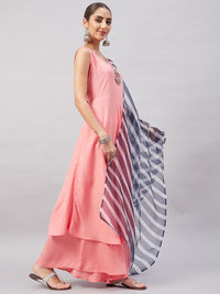 Thumbnail for InWeave Women's Light Pink Sleeveless Kurta Set W Navy Leh Organza Dupatta - Distacart
