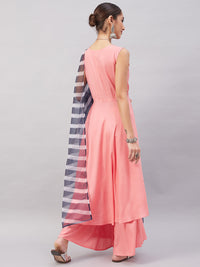 Thumbnail for InWeave Women's Light Pink Sleeveless Kurta Set W Navy Leh Organza Dupatta - Distacart